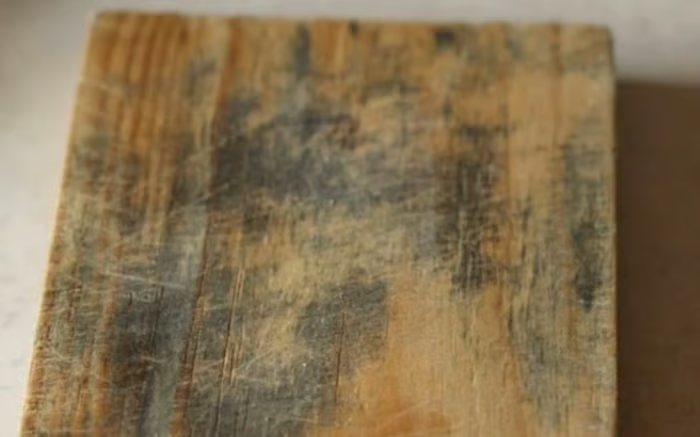A wooden cutting board with dark grey staining and mould spotting across the grain