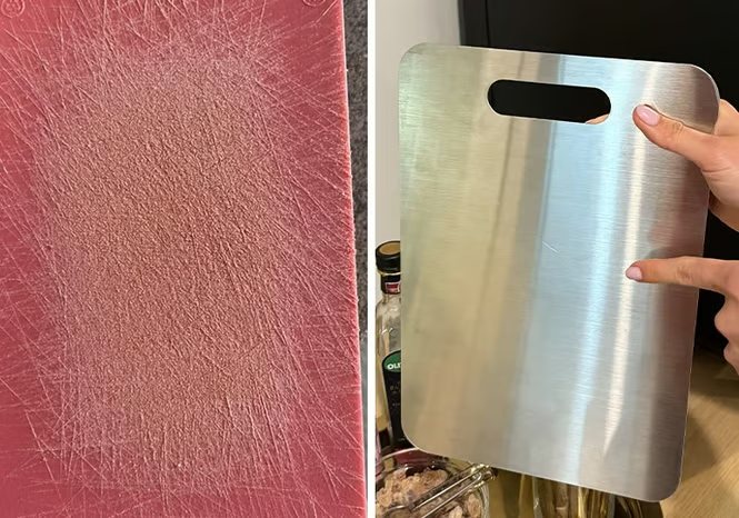 A heavily scratched red plastic board beside a smooth brushed titanium board held in one hand