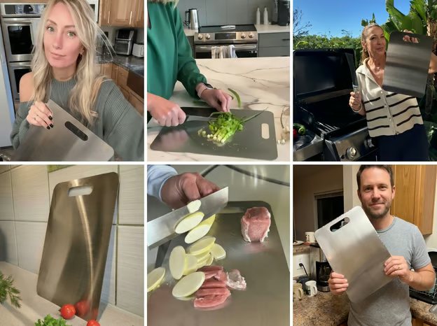A grid of six customer photos showing the titanium board in different home kitchens