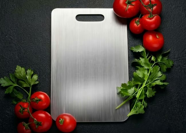 The brushed titanium cutting board on dark slate surrounded by tomatoes and fresh herbs